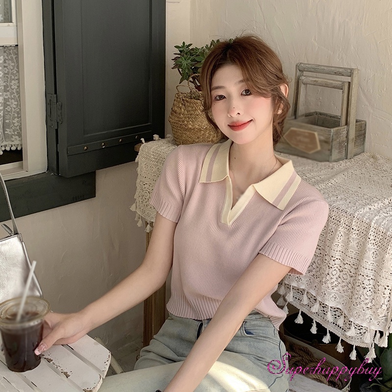 Áo Croptop Dệt Kim Tay Ngắn Cổ Bẻ Màu Sắc Tương Phản Thời Trang Cho Nữ