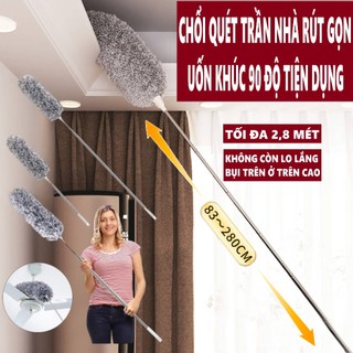 Cây chổi lông quét lau bụi mạng nhện trần nhà đa năng cán dài inox rút gọn gập được 90 độ thông minh