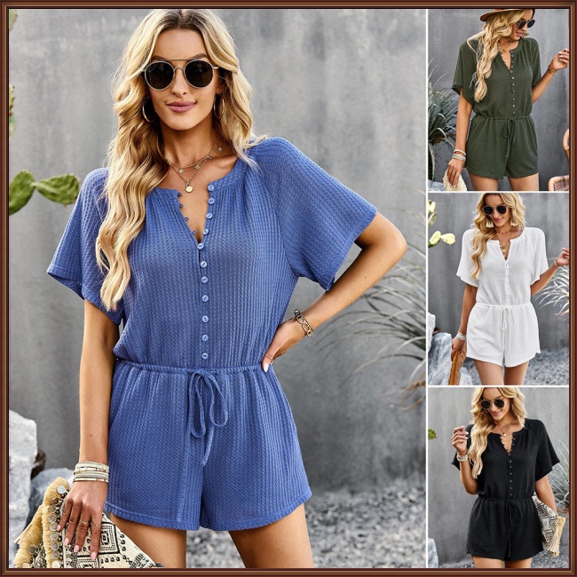 Áo liền quần Ngắn Tay Cổ Tròn Thoáng Khí Màu Sắc Đơn Giản Thời Trang Mùa Hè Cho Nữ