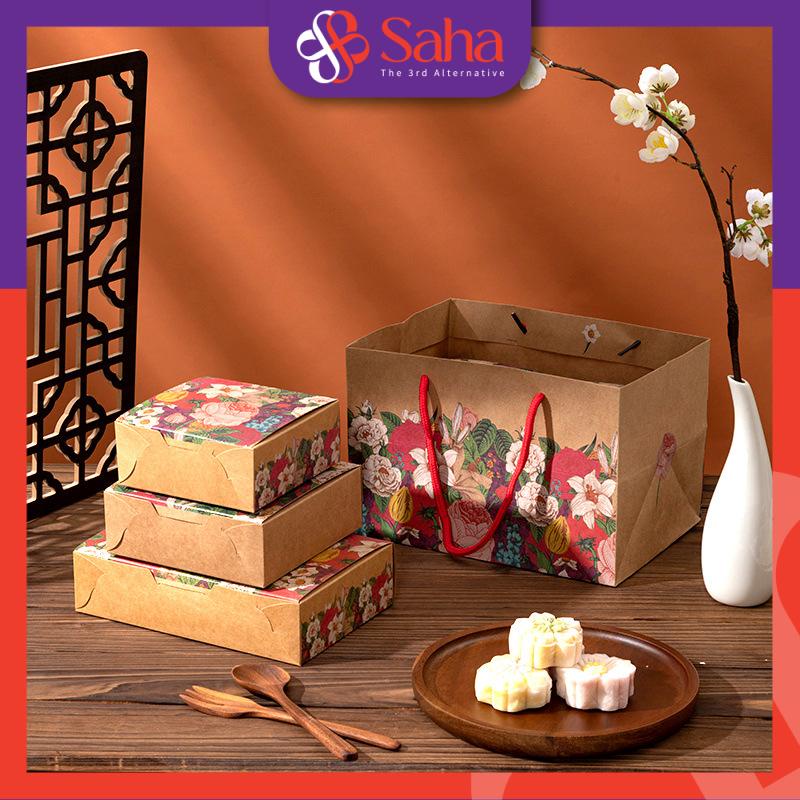Hộp Đựng Bánh Trung Thu Giấy Kraft In Hoa Vintage Đựng 4 Bánh Hoặc 6 Bánh Loại 50gr