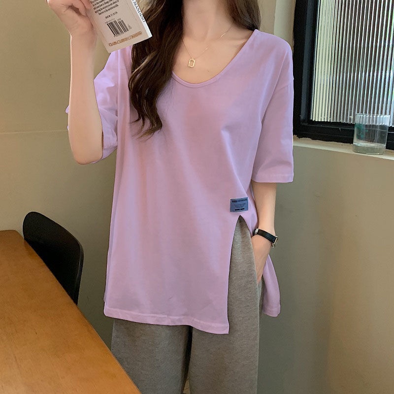 Áo Thun 100% Cotton Tay Ngắn Cổ Chữ V Dáng Rộng Thời Trang Mùa Hè Cho Nữ