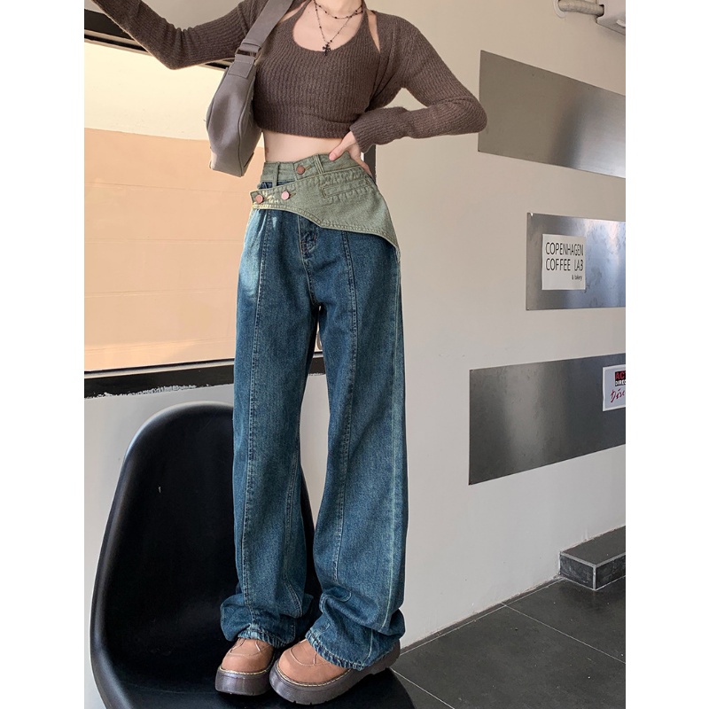 Quần Jean Dài Lưng Cao Ống Rộng Thời Trang Cá Tính Trẻ Trung