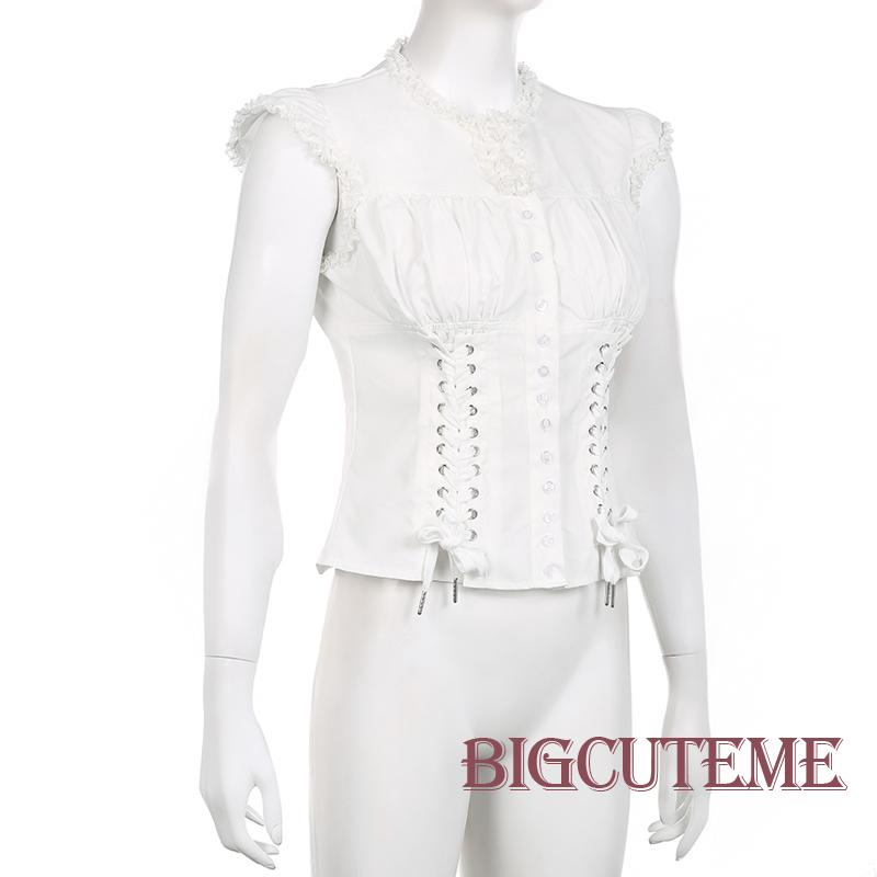 [] Áo Thun Nữ Cài Nút Xuống Cổ Tròn Tay Áo Thắt Dây Chéo Phía Trước Màu Trắng