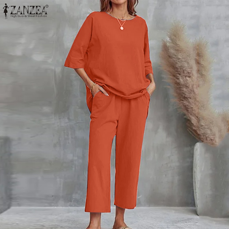 Bộ đồ ZANZEA gồm áo tay lửng cổ tròn phối quần dài lưng cao có túi phong cách cổ điển thời trang cho nữ