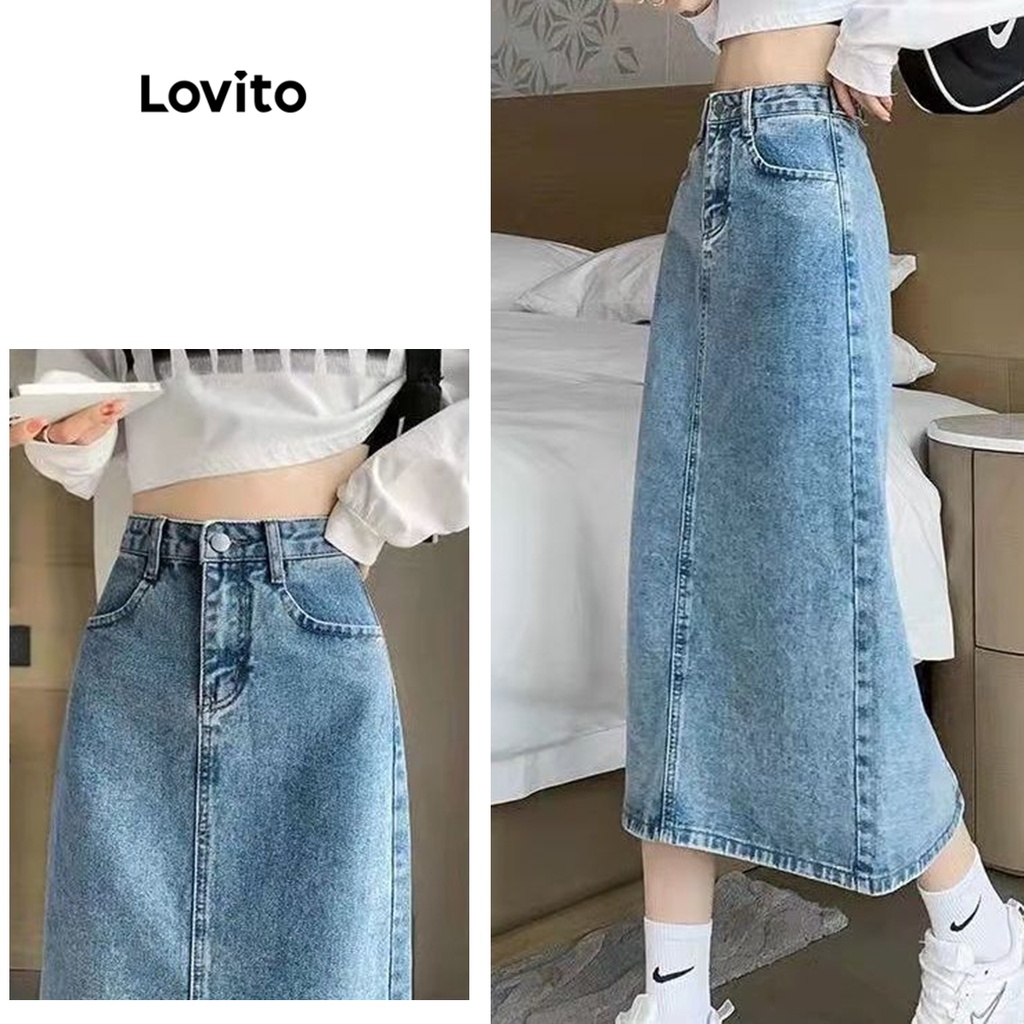 Chân váy denim Lovito trơn xẻ tà có túi kiểu dáng đơn giản cho nữ LNA11167 (màu xanh dương nhạt)