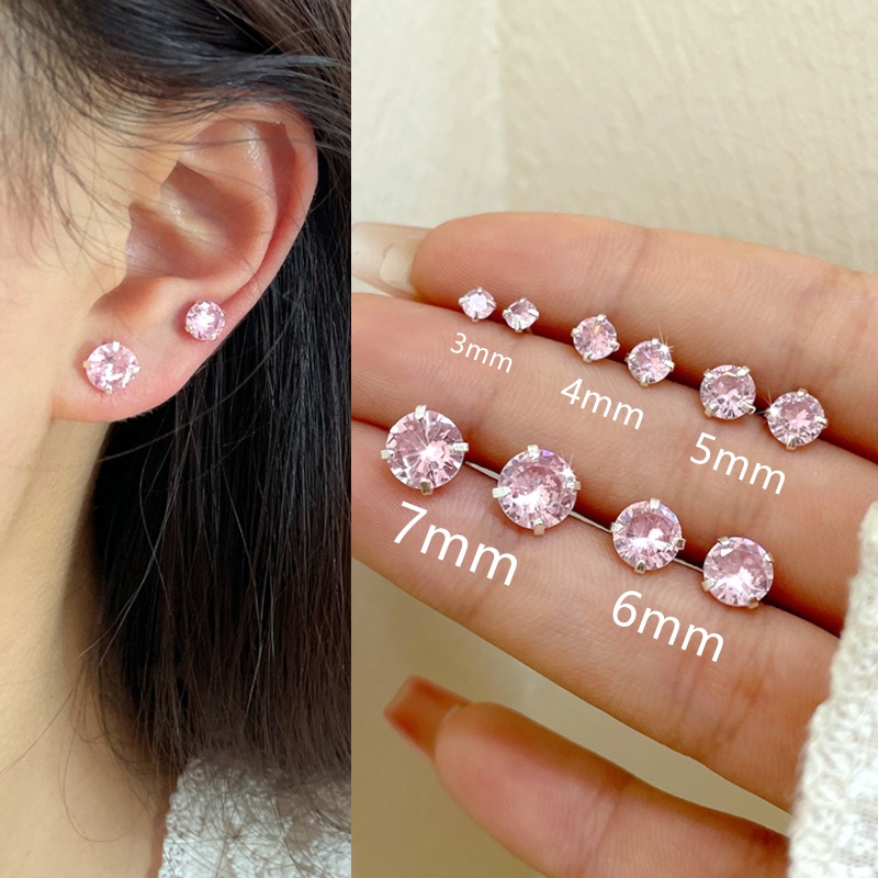 Đôi Khuyên Tai Đính Đá Zircon Hồng Mini Thời Trang Cho Nữ
