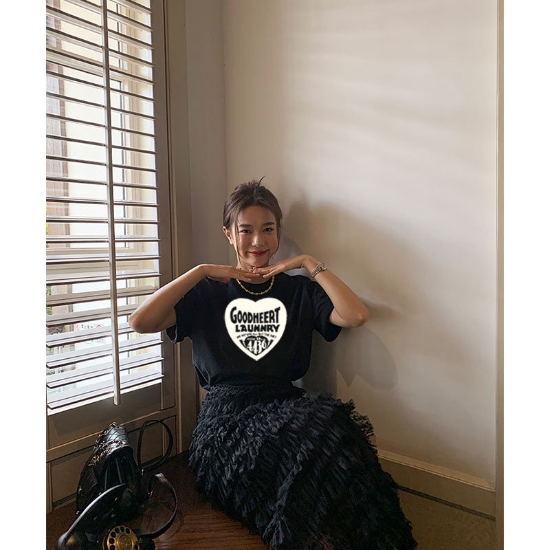 Áo Thun 100% Cotton Tay Ngắn Cổ Tròn In Họa Tiết Phong Cách Hàn Quốc Cho Nữ