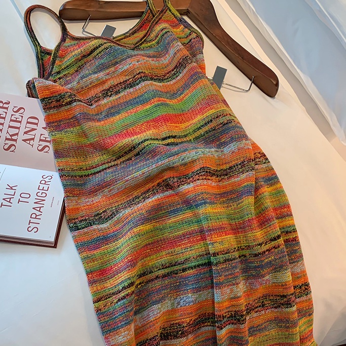 Đầm Dệt Kim Hai Dây Dáng Rộng Họa Tiết Kẻ Sọc Cầu Vồng Phong Cách Pháp Thời Trang Mùa Hè 2023 Mới