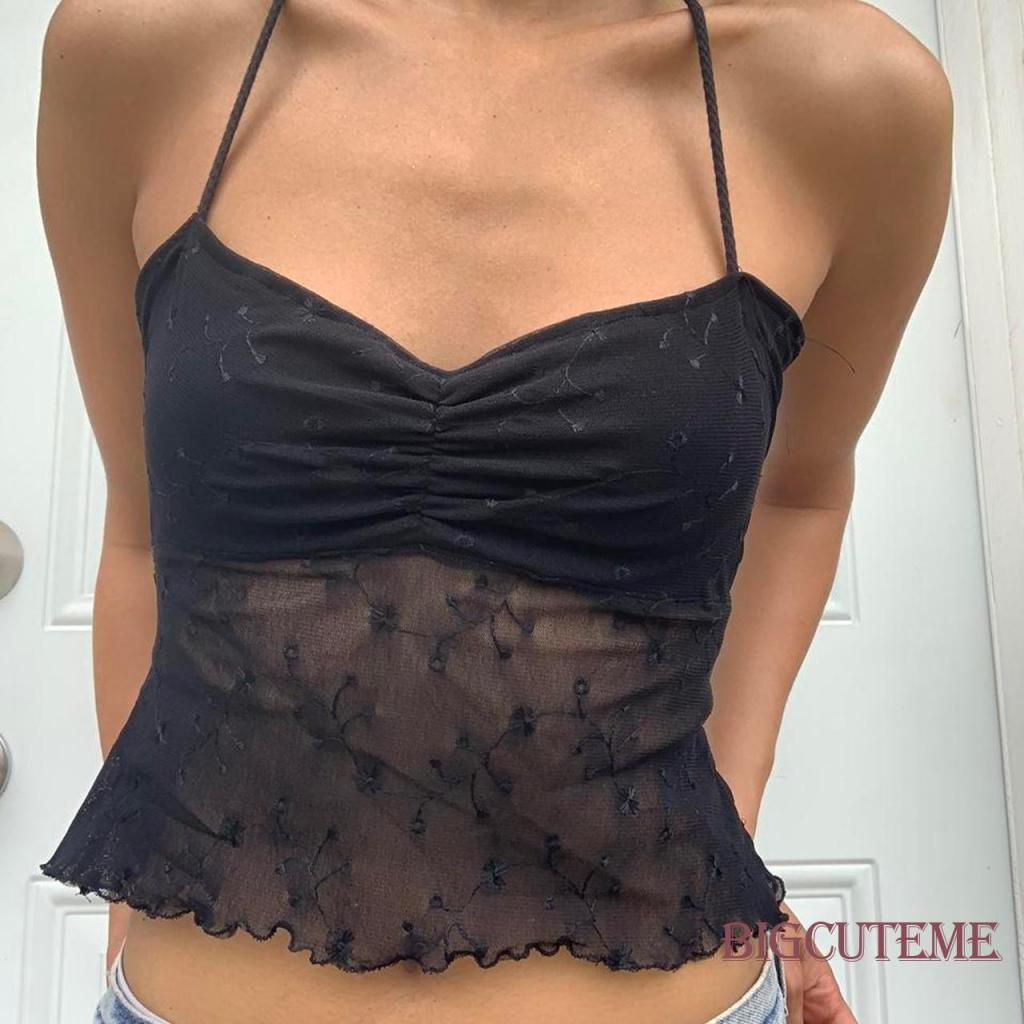 Áo Hai Dây Phối Ren Xuyên Thấu Màu Đen Thời Trang Mùa Hè Cho Nữ