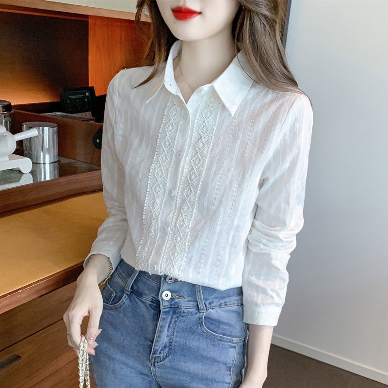 Áo Sơ Mi Cotton Nguyên Chất Phối Ren Thêu Họa Tiết Thời Trang Xuân Thu 2023 3QCZ