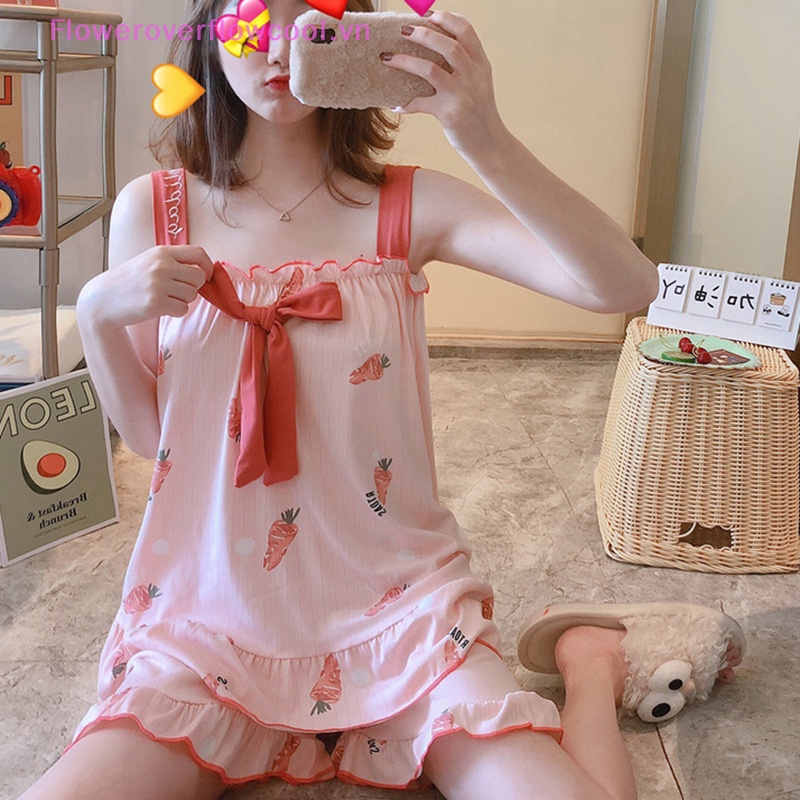 FOFC Young Girl Summer Sleepwear Sling Tops+Shorts Sexy Pajama Set Cute Printed Women's Home Wear HOT