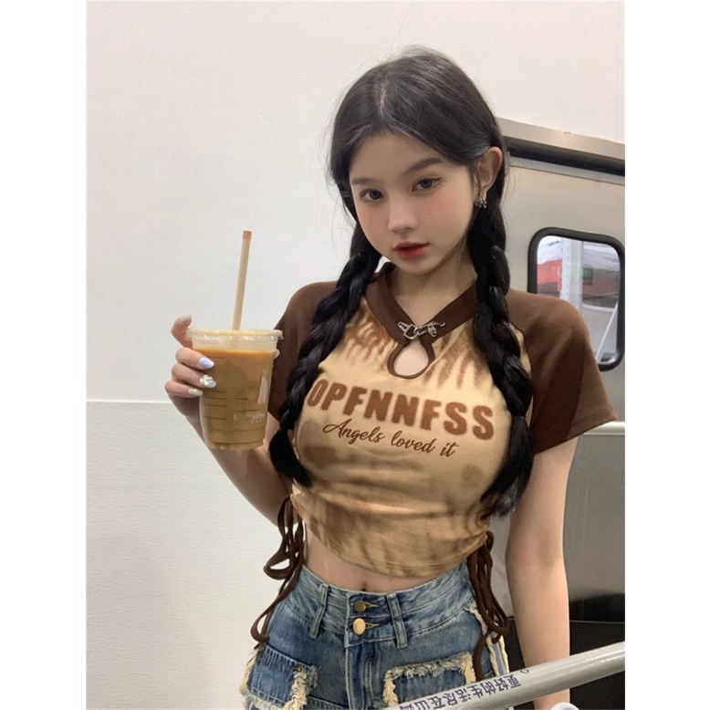 Áo baby tee Thun croptop Ngắn Tay In Chữ Thiết Kế Dây Rút Phong Cách Mới Mùa Hè Cho Nữ