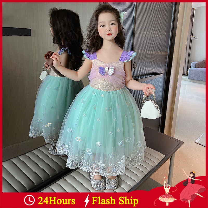 Đầm Công Chúa Tiên Cá Đính Kim Sa Phối Lưới Thời Trang Cho Bé Gái