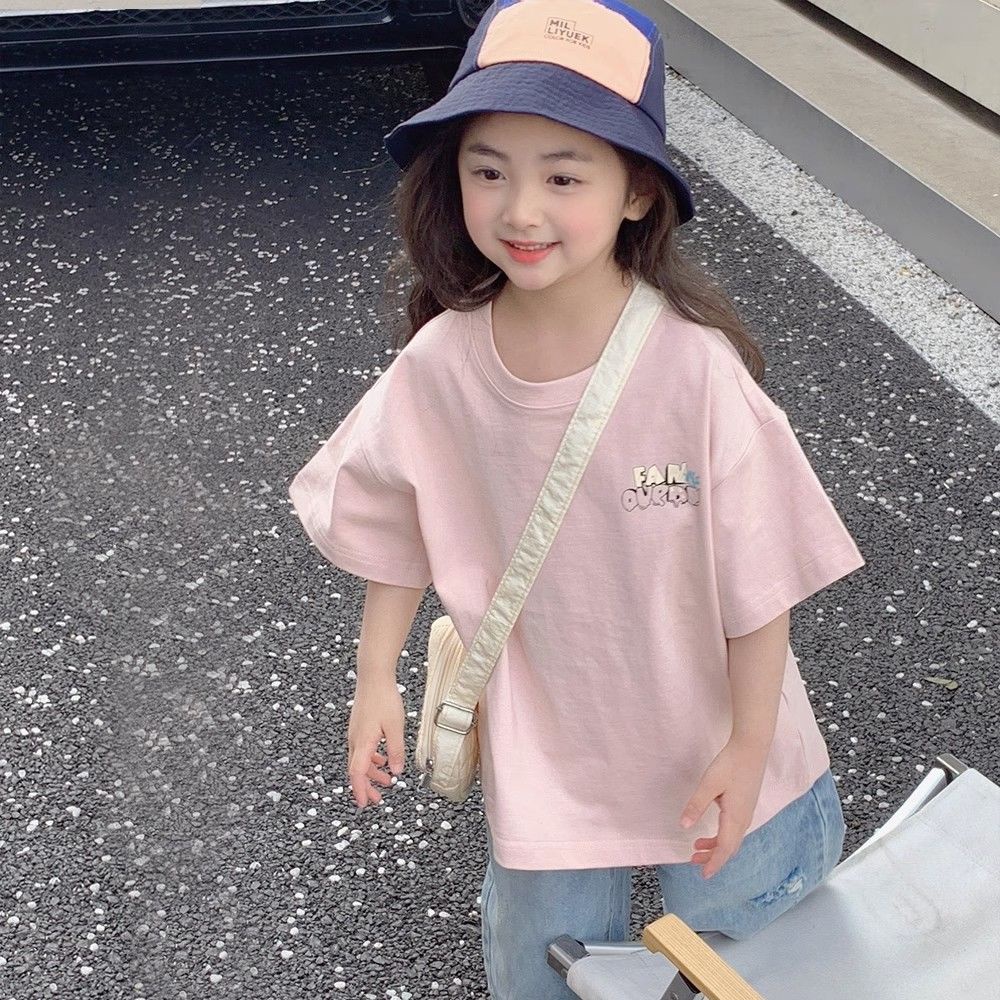 Thích hợp cho 12-40kg baby and girl short sleeved t-shirt 2023 mùa hè mới dành cho trẻ em áo sơ mi đáy bằng cotton tinh khiết thời trang in lỏng lẻo đơn giản hàng đầu