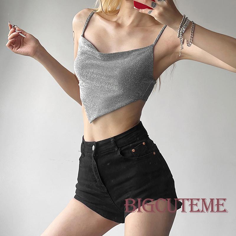 Áo Croptop Sát Nách Hở Lưng Màu Bạc Thời Trang Mùa Hè Cho Nữ
