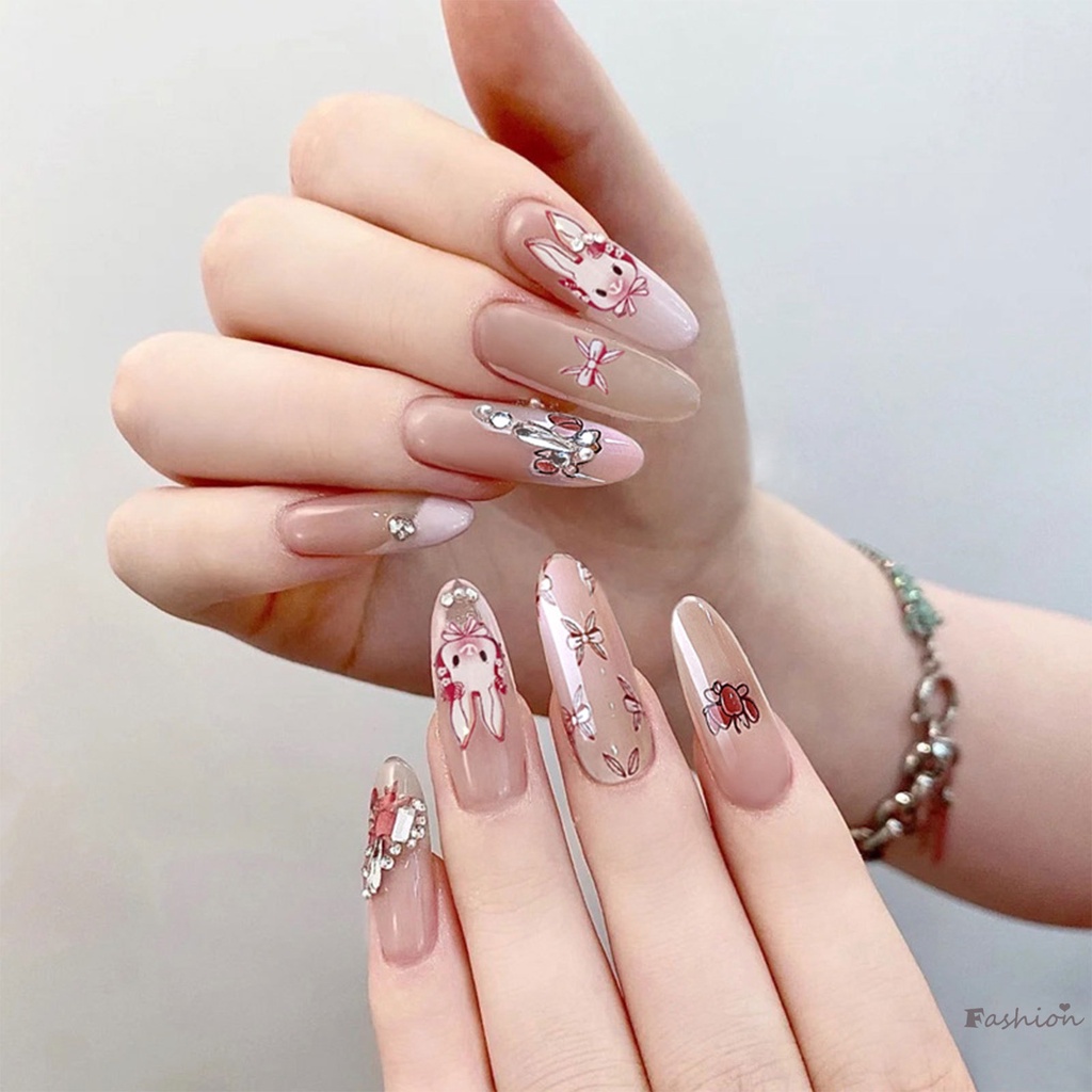 Bộ Móng Tay Giả Màu Hồng Hình Thỏ Dễ Thương Bền &amp; Không Bao Giờ Xẻ Tà