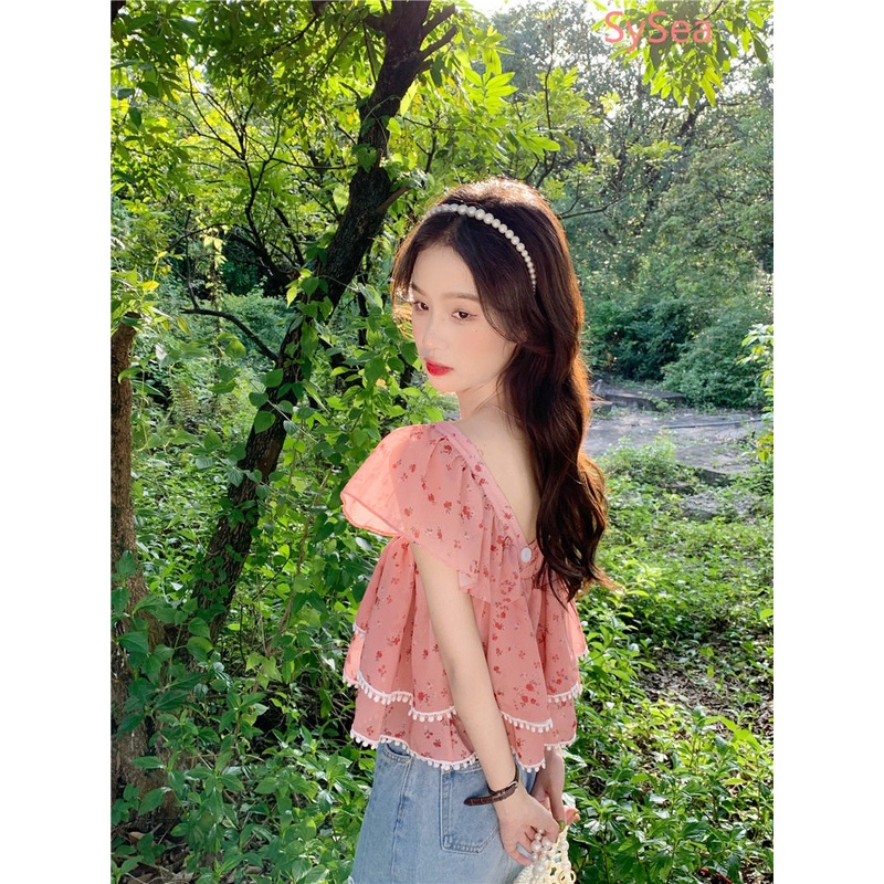 Áo Sơ Mi Tay Phồng Cổ Bẻ Họa Tiết Hoa Ngọt Ngào Thời Trang Mùa Hè Cho Nữ