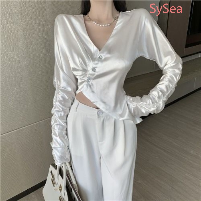 Áo Kiểu Tay Dài Cổ Chữ V Phong Cách Pháp Cho Nữ