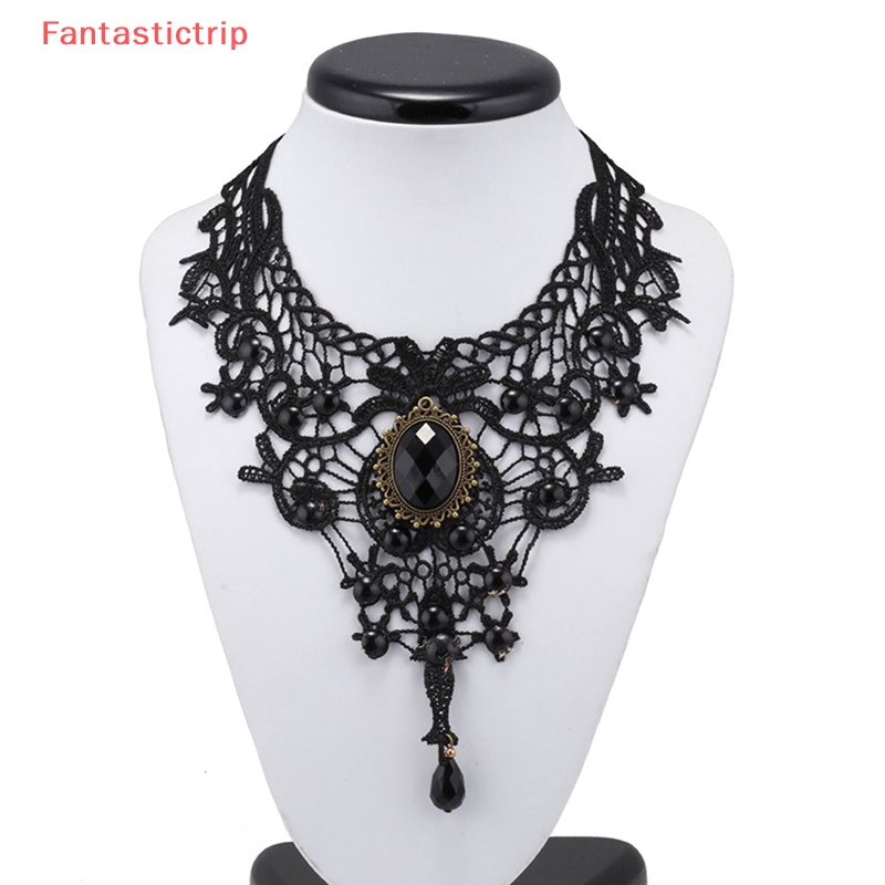 [Fantastictrip] Vòng Cổ Choker Ren Đen Đính Hạt Đá Quý Quyến Rũ Phong Cách Gothic Quà Tặng Đẹp Cho Phụ Nữ