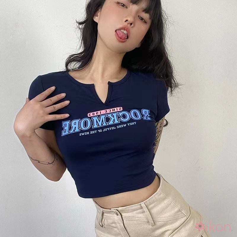 Áo Croptop Cổ Chữ V Dáng Ôm Phong Cách Retro Mỹ Cho Nữ