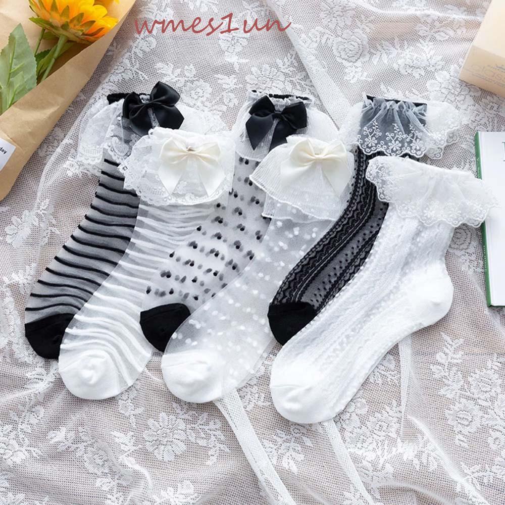 Vớ Nylon Cổ Trung Họa Tiết In Trong Suốt Đính Nơ Phối Ren Thời Trang Mùa Hè Xinh Xắn WMES15H