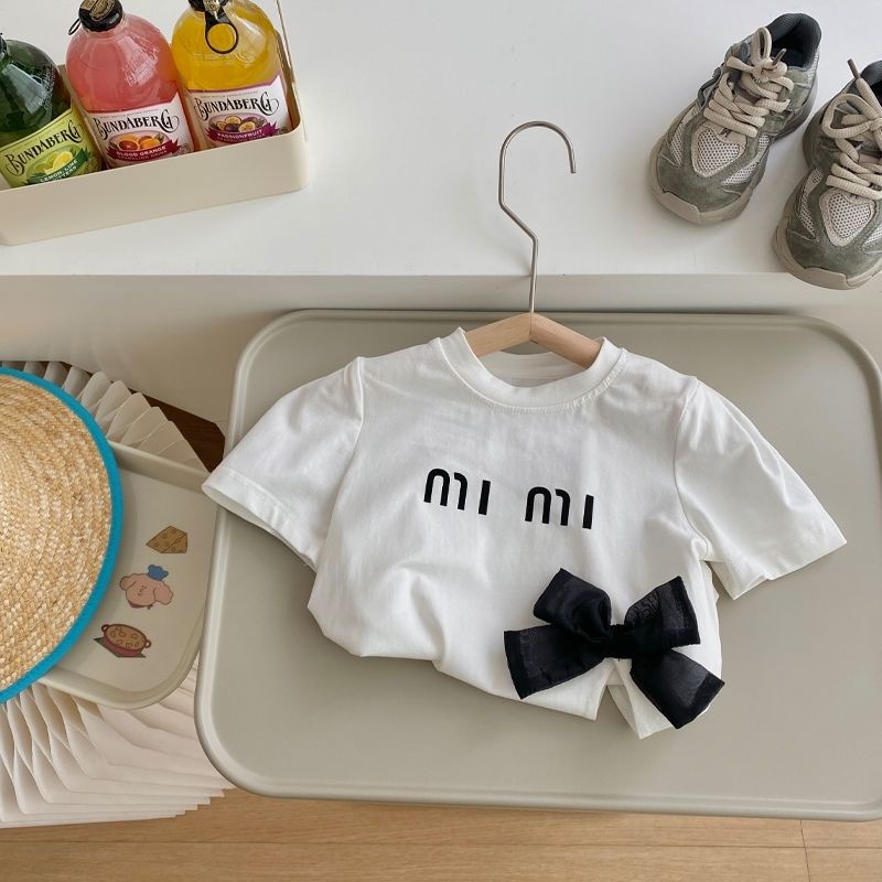 Áo Thun Cotton Ngắn Tay Màu Trơn Đính Nơ Họa Tiết Hoa Phong Cách Phương Tây Thời Trang Mùa Hè Mới Cho Bé Gái