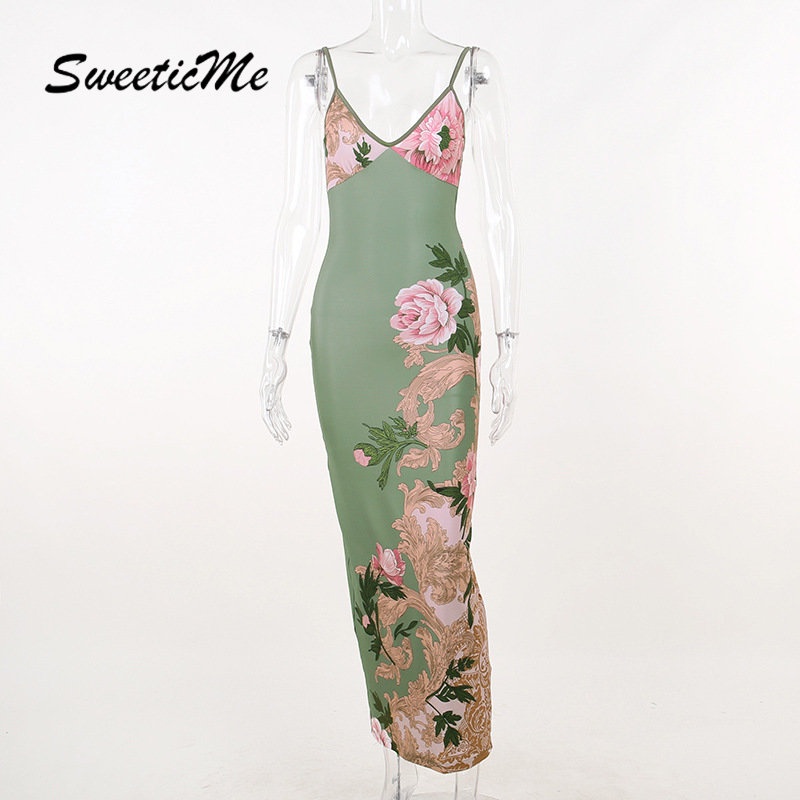 Đầm Dài Cổ Chữ V Dáng Ôm In Họa Tiết Thời Trang 2023 Quyến Rũ Cho Nữ