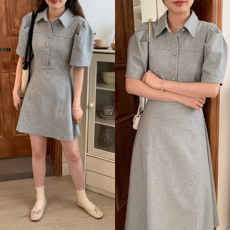 Yan 'S house Real Shot Đầm Dáng Chữ A Tay Phồng Dài Vừa Vặn Eo Hẹp Có Dây Buộc Ba Màu