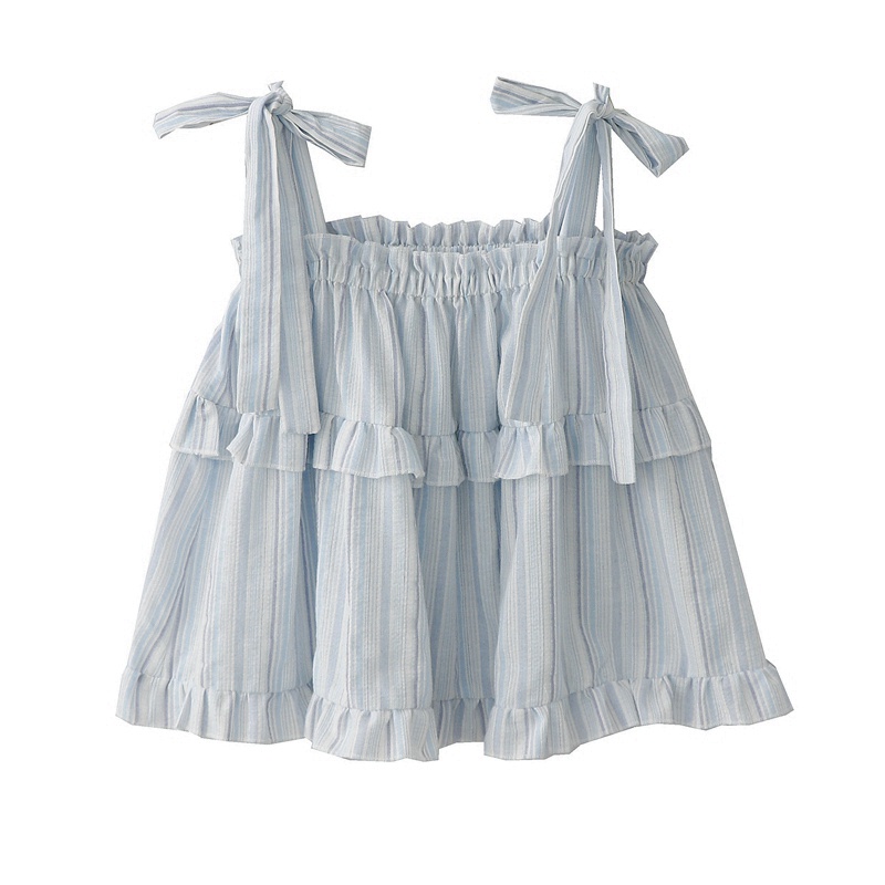 Áo Hai Dây Nhún Bèo Dáng Rộng Họa Tiết Kẻ Sọc Thời Trang Mùa Hè Xinh Xắn Cho Nữ