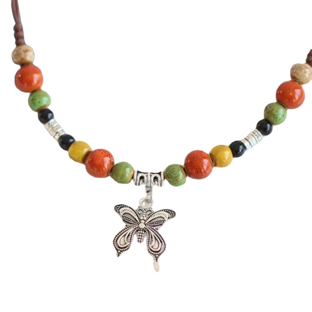 Vòng cổ Mặt Bướm Đính Hạt Gốm Phong Cách Dân Tộc Hàn Quốc retro niche Thiết Kế Cảm Giác Cho Cặp Đôi