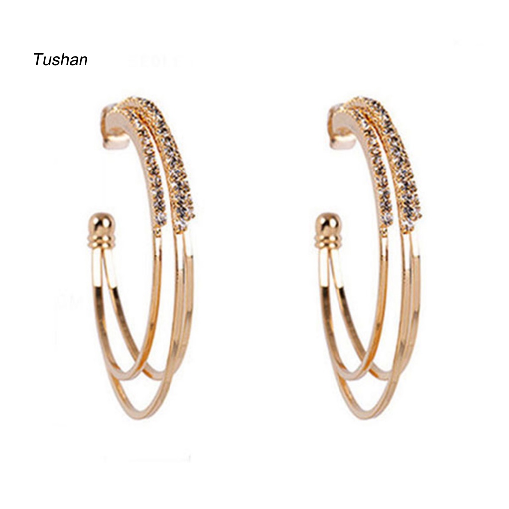 1 Đôi Bông Tai Ba Lớp Hình Chữ C Đính Đá Lấp Lánh Dành Cho Nữ