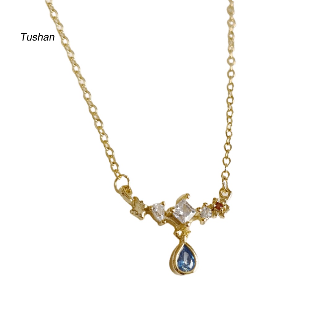 [Ts] Vòng cổ Đồng Bạc Mặt Đá Zircon Hình Giọt Nước Xanh Dương Vintage Chống Mài Mòn Mùa Hè Cho Nữ