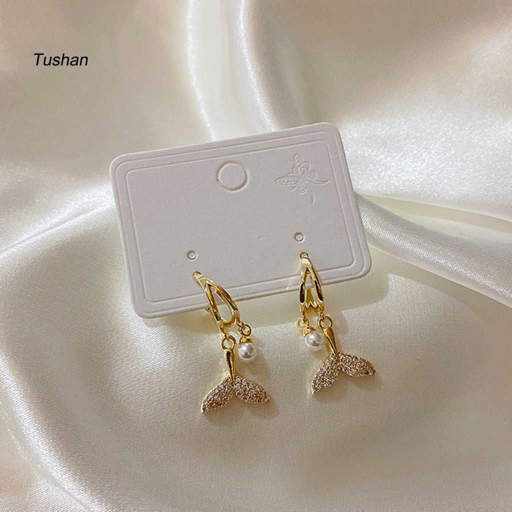 1 Đôi Bông Tai Hình Đuôi Cá Đính Ngọc Trai Giả Phong Cách Vintage