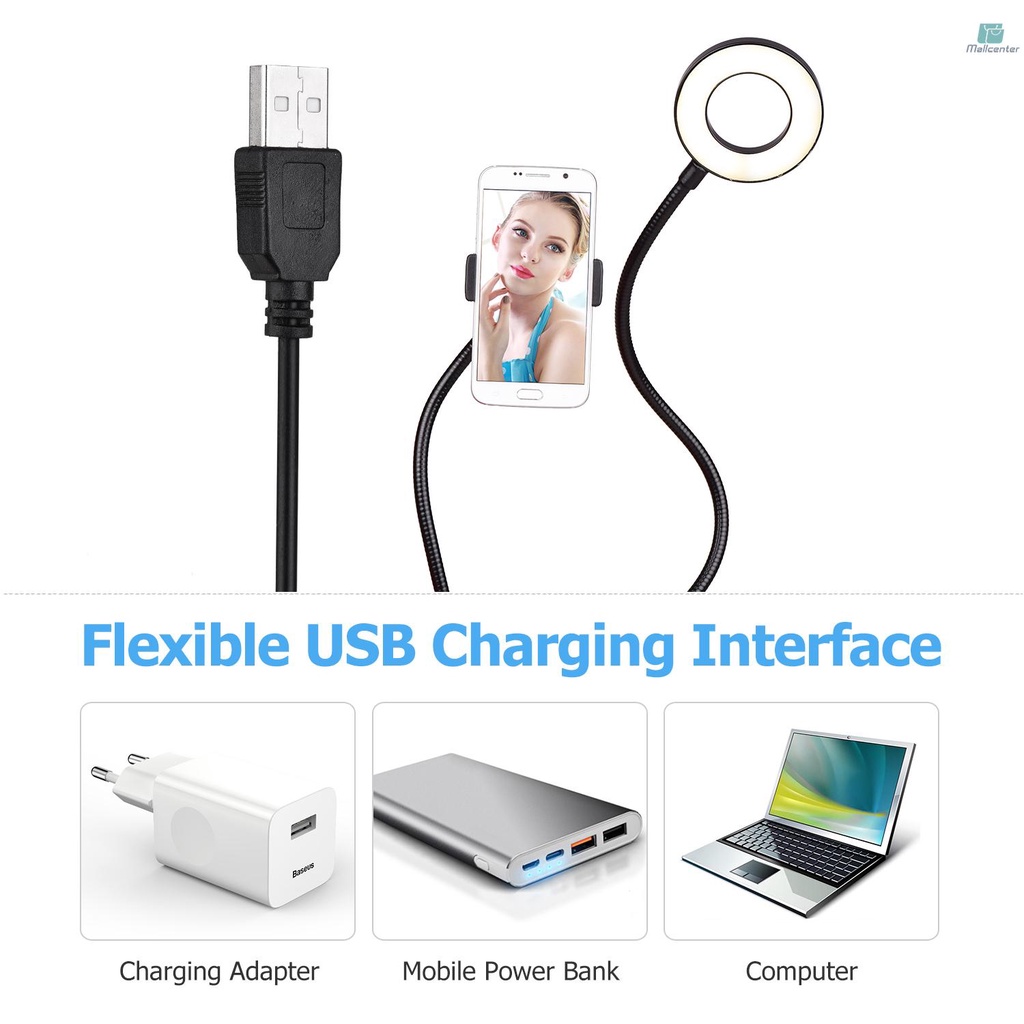 docooler 2-in-1 LED Ring Light with Cell Phone Holder Stand for Live Stream Makeup Selfie Recording Lighting with Flexible Metal Arm Compatible with iPhone Android Smartphones