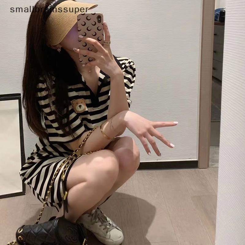 Đầm Mini Ngắn Tay Cổ Bẻ Họa Tiết Kẻ Sọc Thời Trang Mùa Hè Cho Nữ SBS