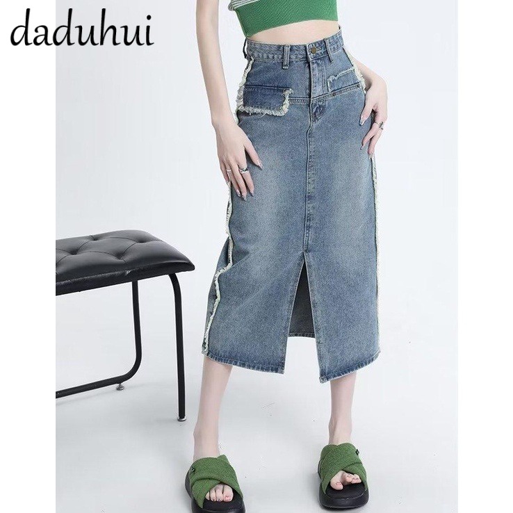 Daduhui New Korean Version of Ins Retro Raw Edge Slit Denim Skirt High Waist Loose A Word Long Skirt Bag Hip Skirt