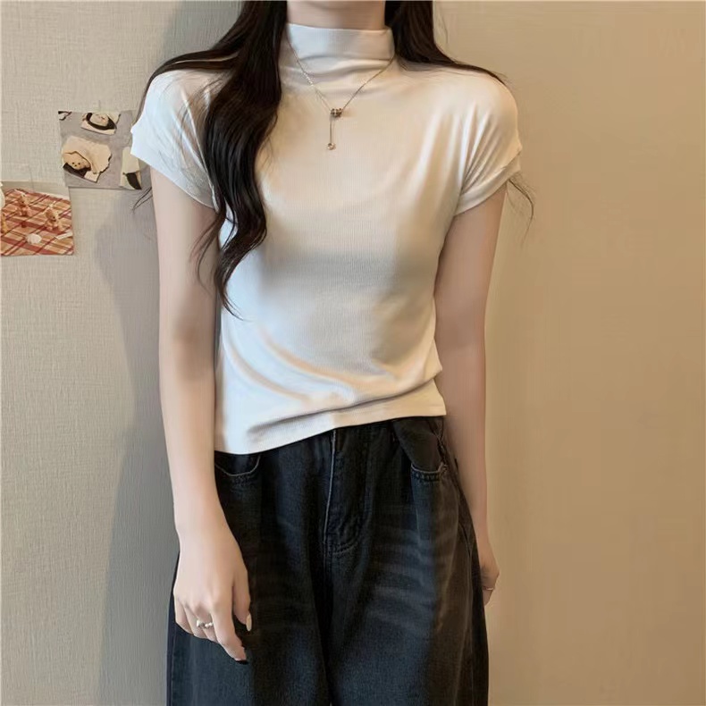 SUXI Áo Thun Tay Ngắn Cổ Cao Màu Sắc Đơn Giản Dễ Phối Đồ Thời Trang Mùa Hè Cho Nữ