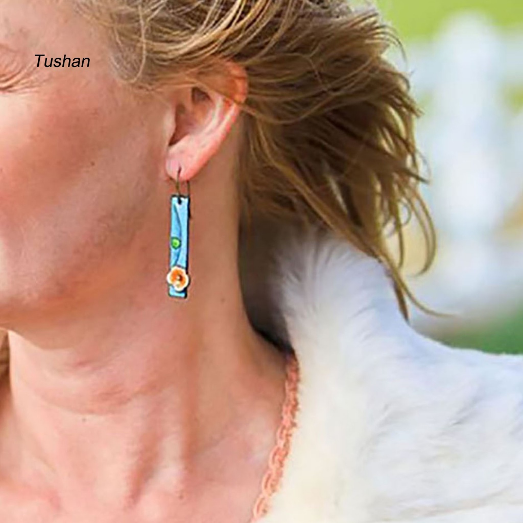 1 Đôi Bông Tai Hình Chữ Nhật Họa Tiết Hoa Phong Cách Bohemian