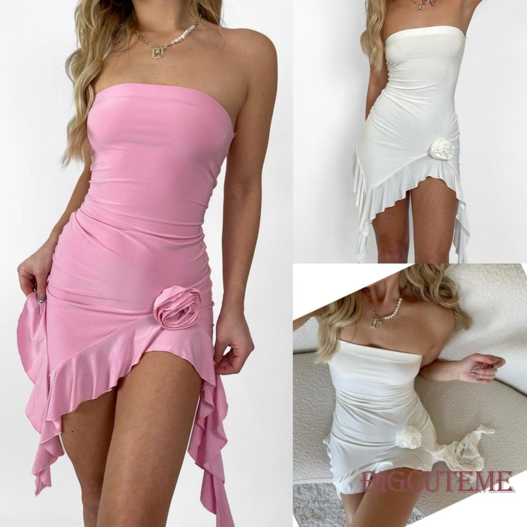 Đầm Mini Hai Dây Mùa Hè Ôm Dáng Cổ Thuyền Họa Tiết Hoa 3D Màu Trơn Hở Lưng Gợi Cảm Cho Nữ