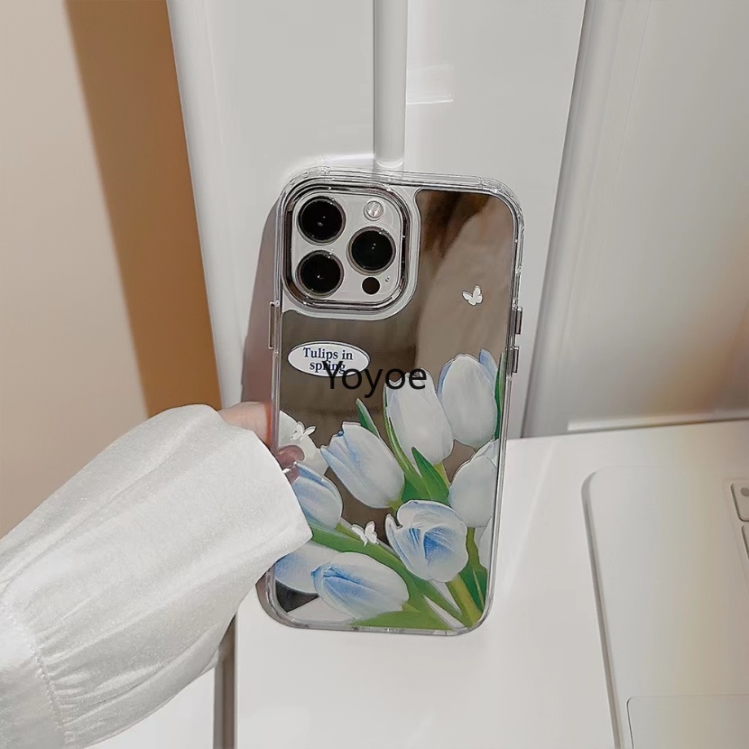 Ốp Điện Thoại TPU Silicone Trong Suốt Chống Sốc Mạ Điện In Họa Tiết Hoa Tulip Cho iPhone 11 12 13 14 Pro Max 14plus