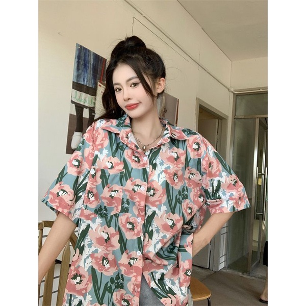 Cozok Áo Sơ Mi Ngắn Tay Dáng Rộng In Hoa Giản Dị Thời Trang