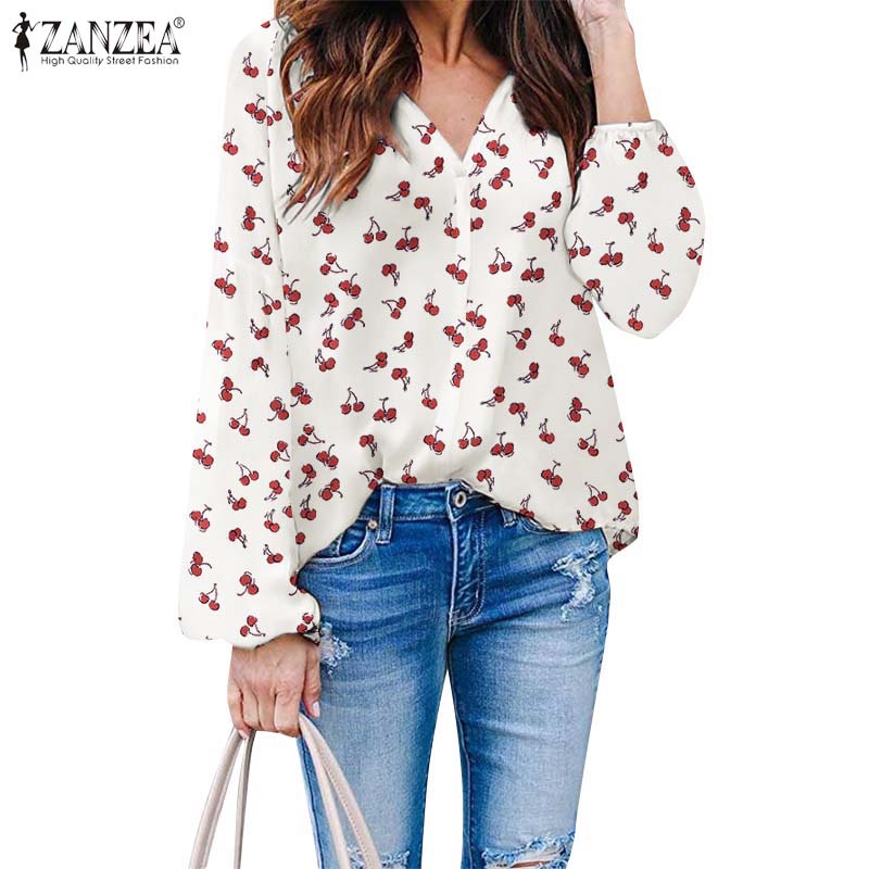 Zanzea Áo Sơ Mi Nữ Dài Tay Cổ Chữ V In Họa Tiết Quả Cherry Xinh Xắn