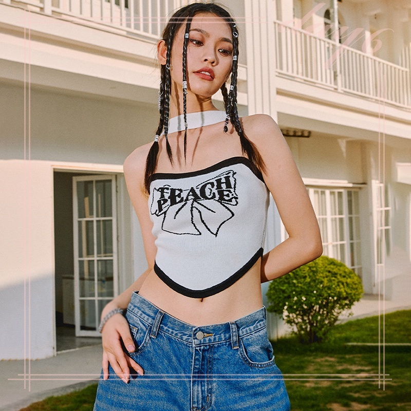 Áo Croptop In Chữ Thắt Nơ Phong Cách Retro Mỹ Cho Nữ