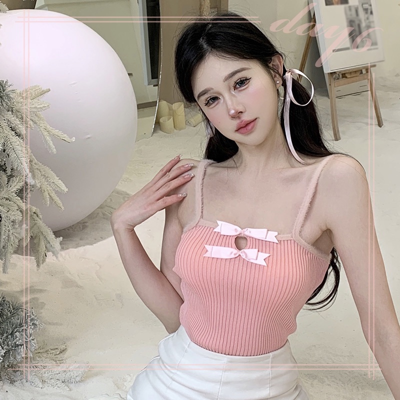Áo Croptop Sát Nách Màu Sắc Tương Phản Thiết Kế Dây Cột Nơ Quyến Rũ