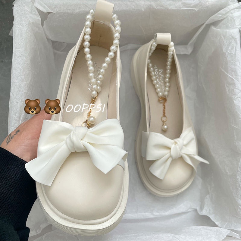 Giày Búp Bê Da Đế Dày Đính Nơ Ngọc Trai Phong Cách Lolita