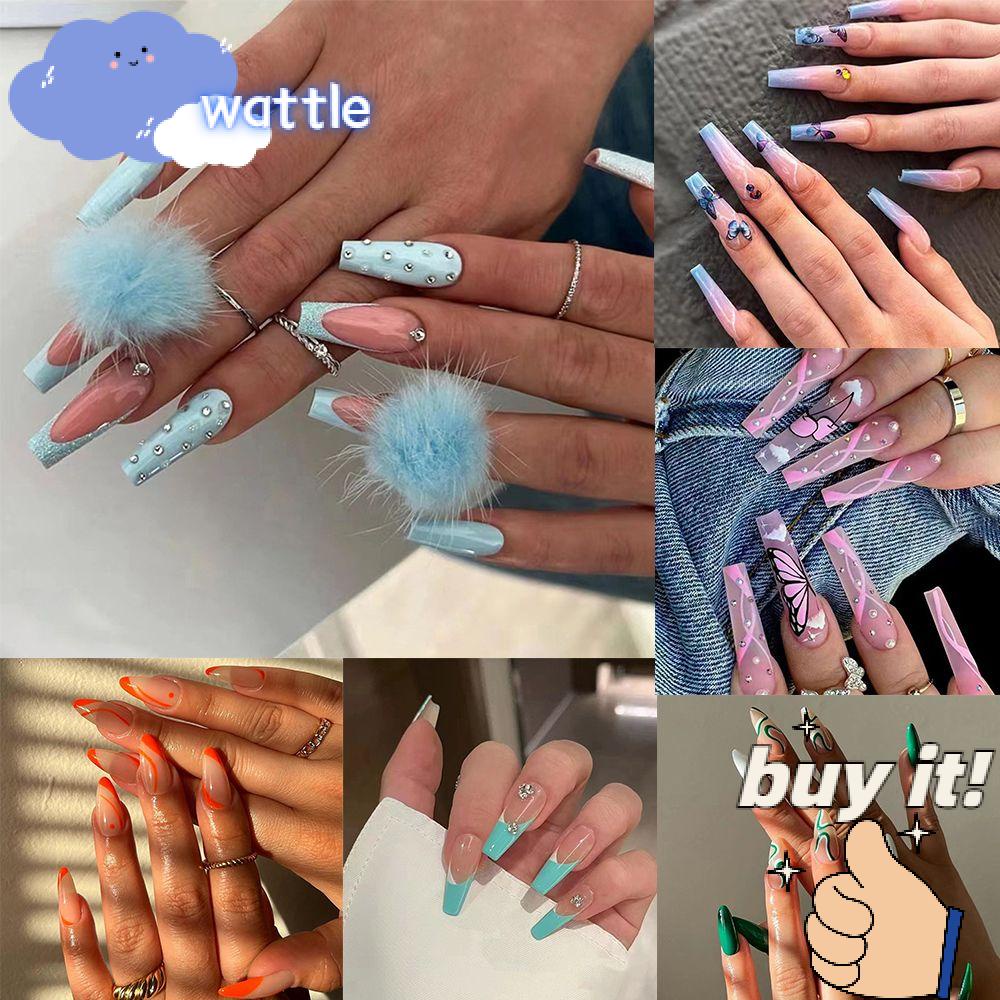 Bộ 24 Móng Tay Giả Đính Bóng Lông Màu Xanh Dương Phong Cách Pháp