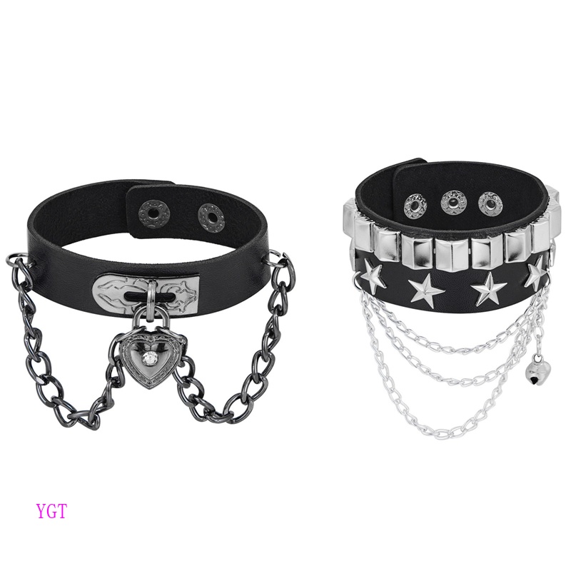 Ygt Vòng Tay Da Pu Bản Rộng Đính Đinh Tán Kim Loại Hình Đầu Lâu / Trái Tim / Ngôi Sao Phong Cách Punk