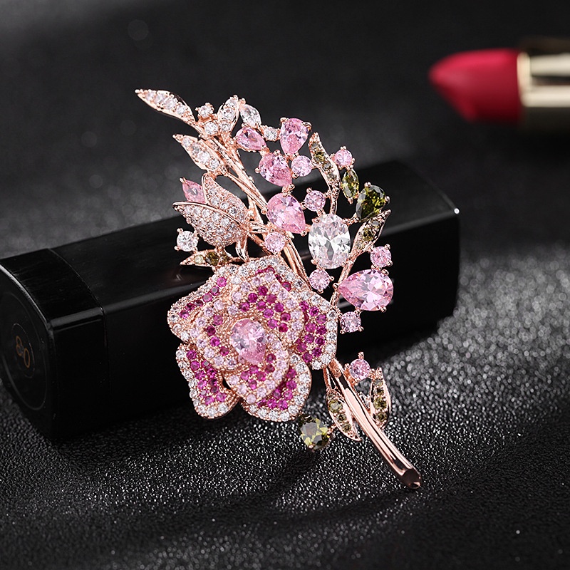 Ghim Cài Áo Hình Hoa Hồng Đính Đá Zircon Nhiều Màu Sắc Kiểu Hàn Quốc Cho Nữ