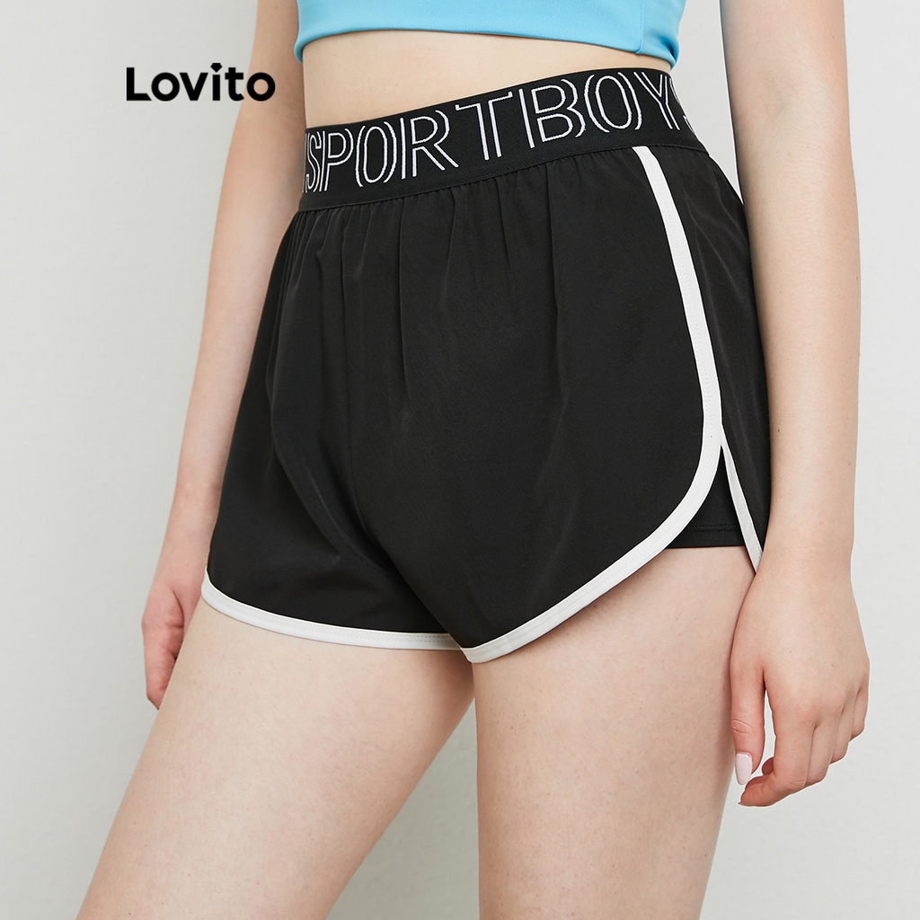 Quần short Lovito 2 trong1 với lưng cong đàn hồi co giãn tốt in Thể thao L20D423 (Đen)
