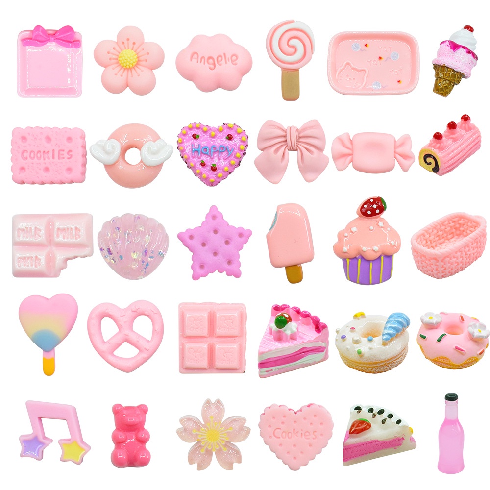 Hộp 30 Miếng Dán Trang Trí Điện Thoại / Kẹp Tóc Hình Bánh Gấu / Bông Hoa Bằng Nhựa Resin Dễ Thương DIY